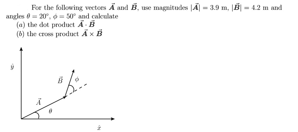 SOLVED: For the following vectors A and B, use magnitudes |A| = 3.9 m ...