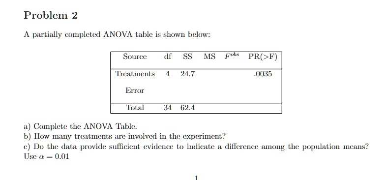 Problem 2
A partially completed ANOVA table is shown below:
Source df SS MS F^obs PR(>F)
Treatments 4 24.7 .0035
Error
Total 34 62.4
a) Complete the ANOVA Table.
b) How many treatments are involved in the experiment?
c) Do the data provide sufficient evidence to indicate a difference among the population means?
Use α = 0.01