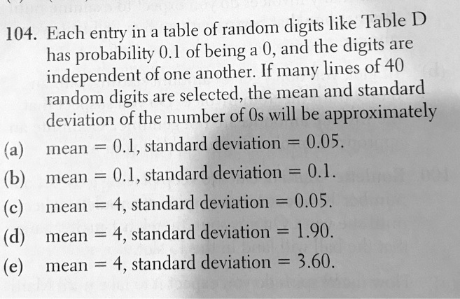 SOLVED: 104. Each entry in a table of random digits like Table D has a ...