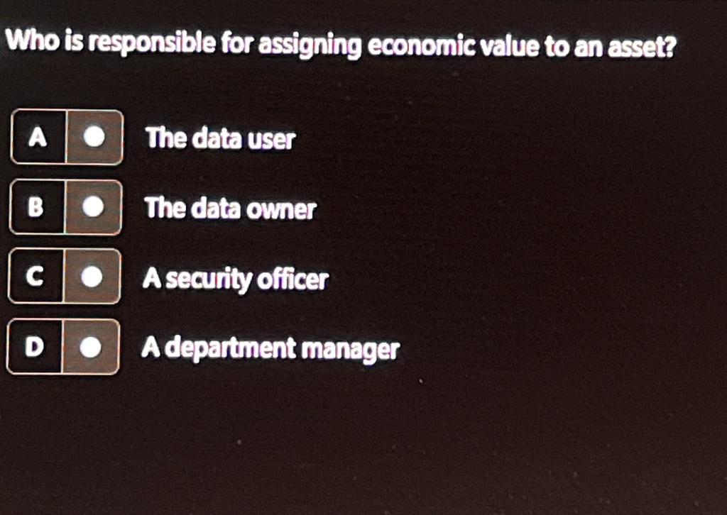 who is responsible for assigning economic value to an asset a the data user b the data owner c a security officer d a department manager 77611