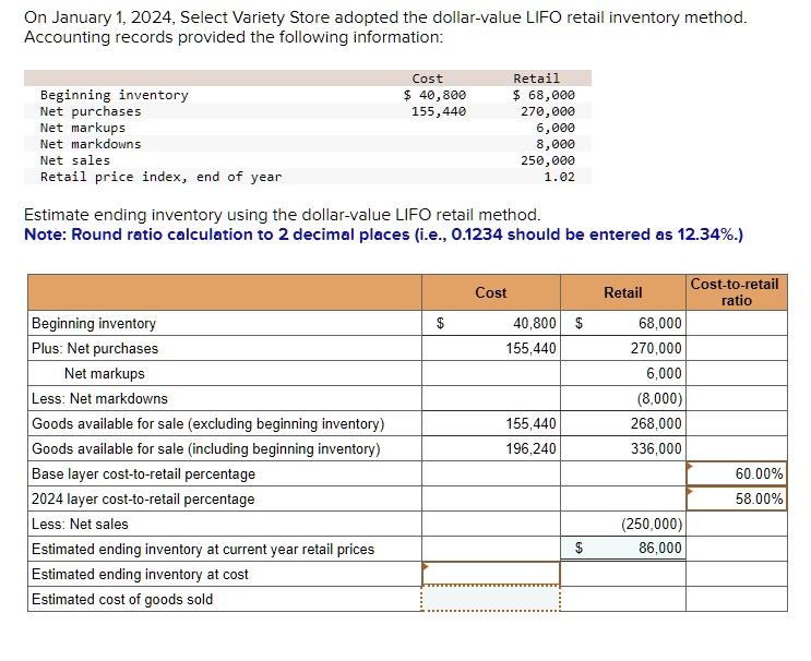 On January 1, 2024, Select Variety Store adopted the dollar-value LIFO ...