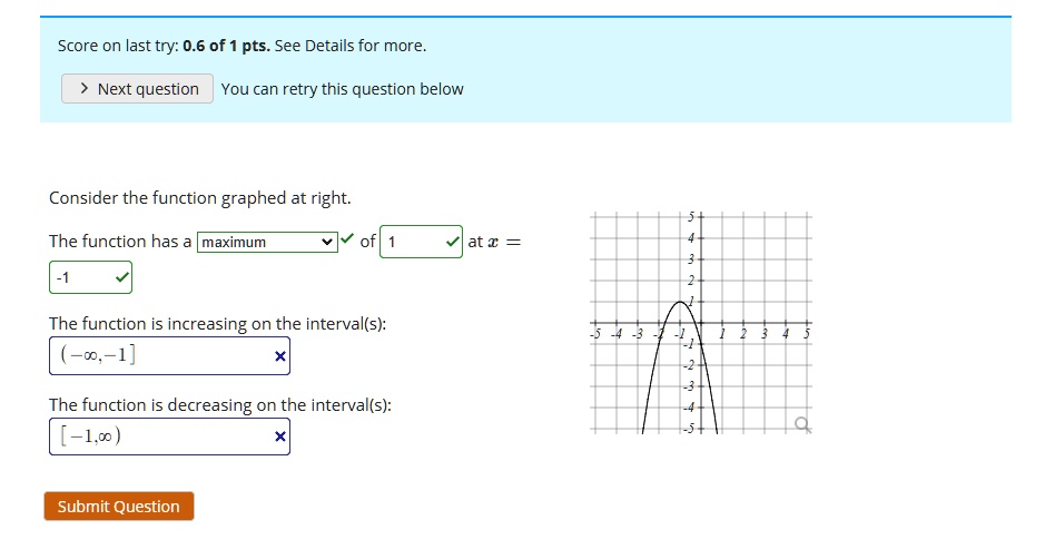 Consider the function graphed at right.
The function has a maximum of 1 at x = -1
The function is increasing on the interval(s):
(-?, -1]
The function is decreasing on the interval(s):
[-1, ?)