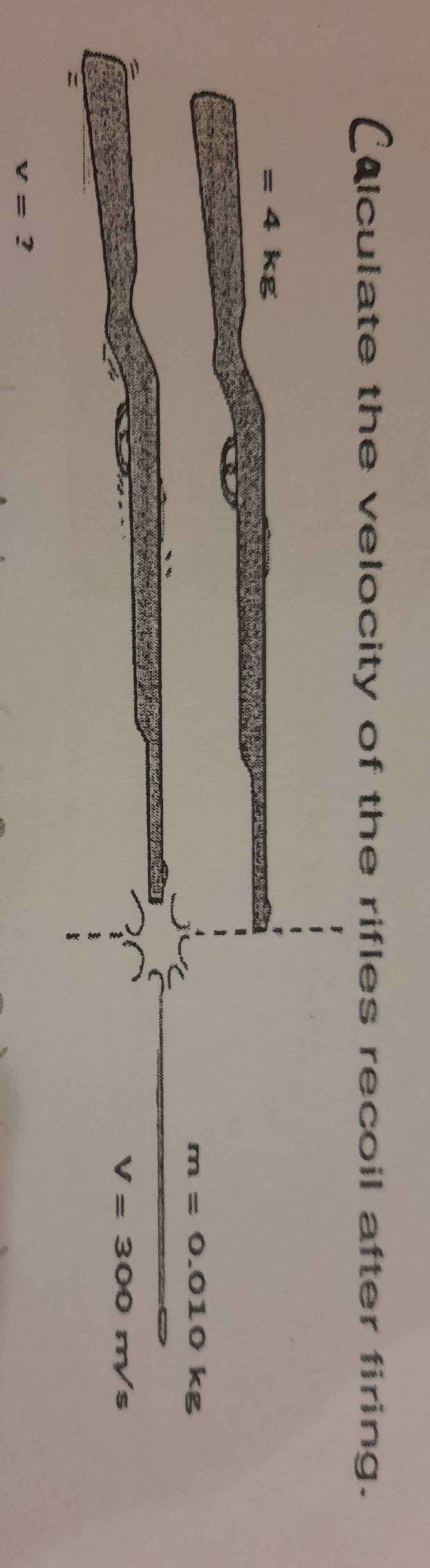 SOLVED Calculate the velocity of the rifles recoil after firing. v=?