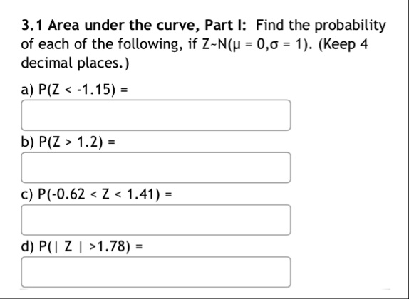 31 area under the curve part i find the probability of each of the following if znmu 0sigma 1 keep 4 decimal places a pz 115 b pz 12 c p 062 z 141 d p z 178 74739