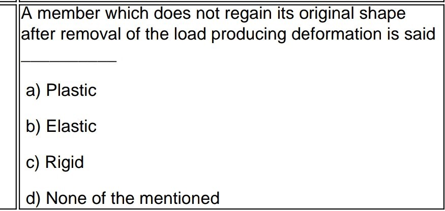 A member which does not regain its original shape after removal of the load producing deformation is said
a) Plastic
b) Elastic
c) Rigid
d) None of the mentioned