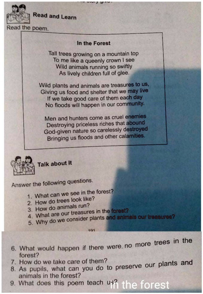 SOLVED: Please help me. Thank you. Read and Learn: Read the poem. In the  Forest Tall trees growing on a mountain top, to me, look like a queenly  crown. See wild animals