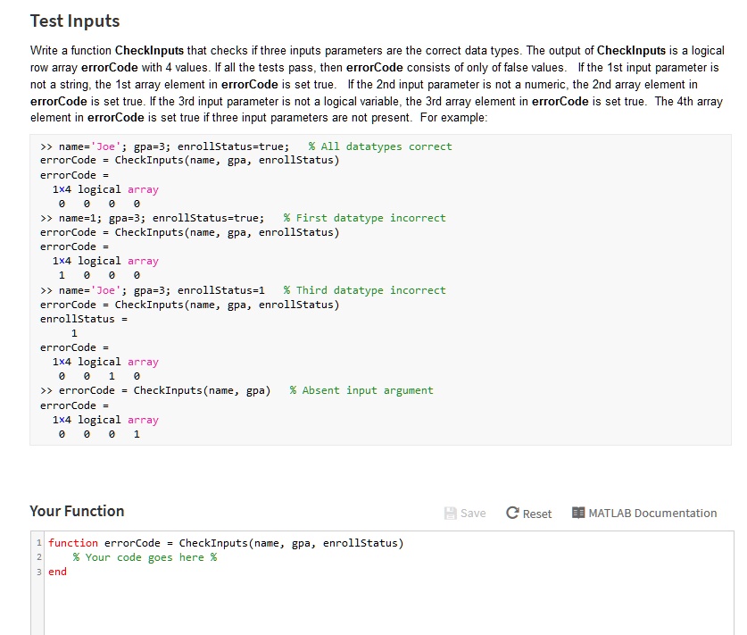 SOLVED: We have to use matlab "CUSTOM FUNCTION" here Test Inputs Write ...