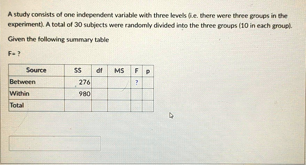SOLVED: A study consists of one independent variable with three levels ...