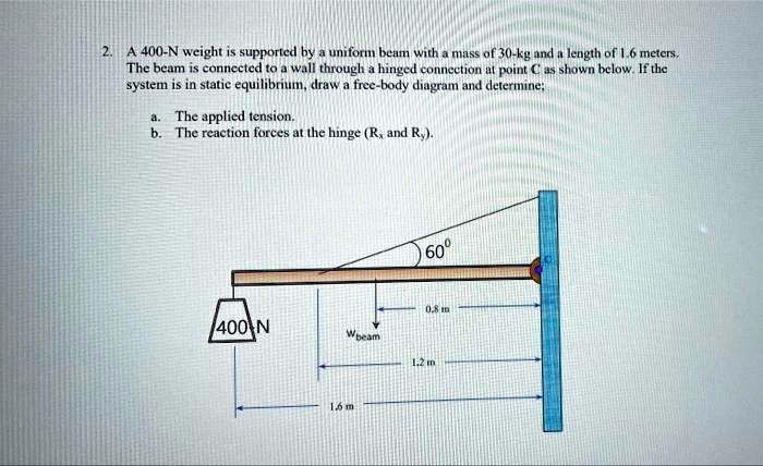 2. A 400-N weight is supported by a uniform beam with a mass of 30-kg and a length of 1.6 meters. The beam is connected to a wall through a hinged connection at point C as shown below. If the system is in static equilibrium, draw a free-body diagram and determine; a. The applied tension. b. The reaction forces at the hinge (Rx and Ry).