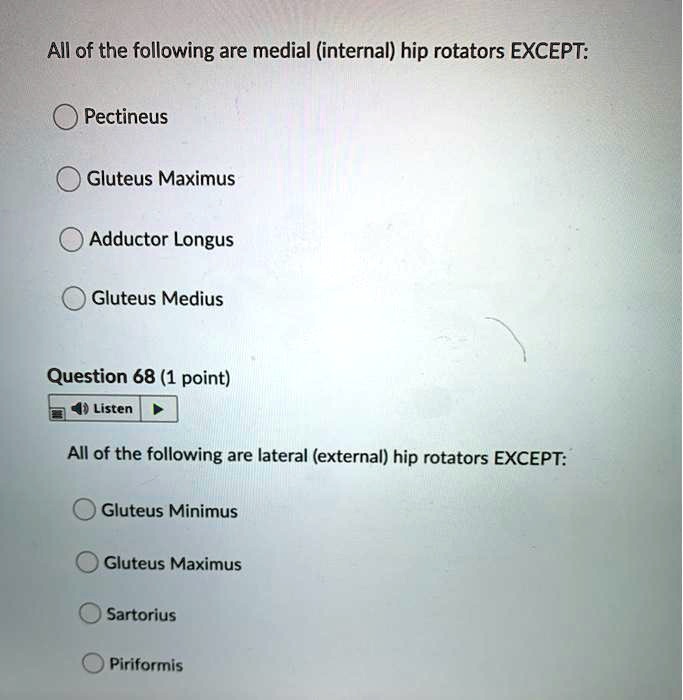 All of the following are medial (internal) hip rotators EXCEPT:

Pectineus

Gluteus Maximus

Adductor Longus

Gluteus Medius

All of the following are lateral (external) hip rotators EXCEPT:

Gluteus Minimus

Gluteus Maximus

Sartorius

Piriformis
