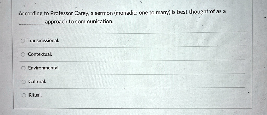 According to Professor Carey, a sermon (monadic: one to many) is best thought of as a
——– approach to communication.
Transmissional.
Contextual.
Environmental.
Cultural.
Ritual.
