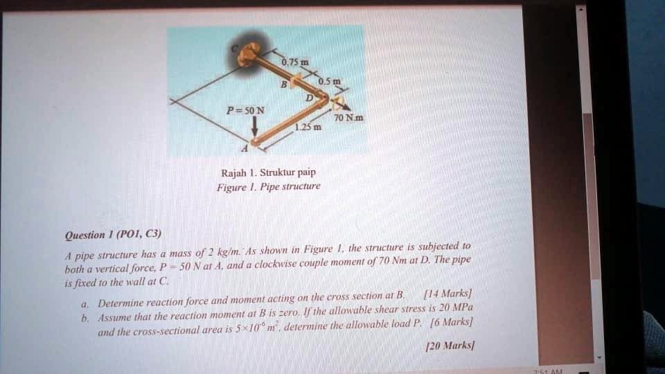 SOLVED: A pipe structure has a mass of 2 kg/m. As shown in Figure 1 ...
