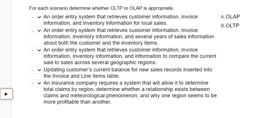 SOLVED: For Each Scenario, Determine Whether OLTP Or OLAP Is ...