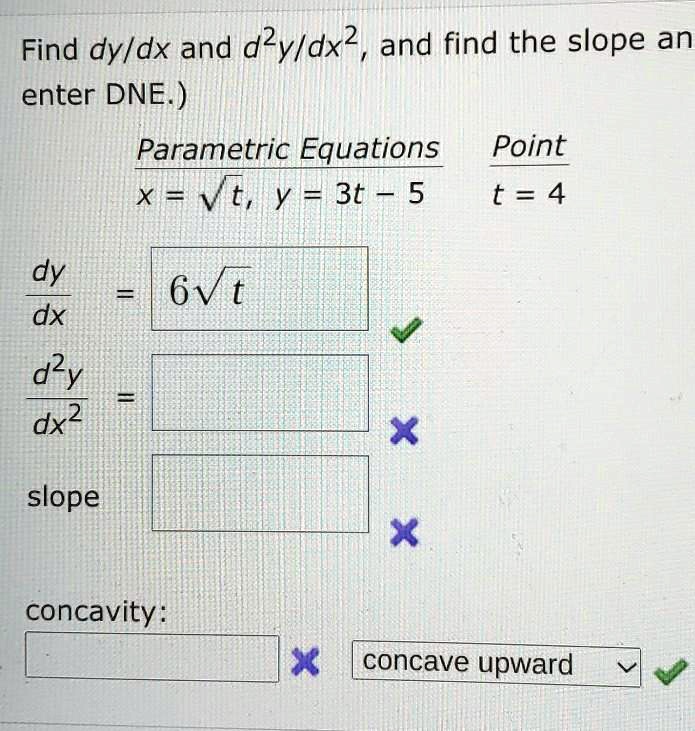 find dydx and d2ydx2 and find the slope an enter dne parametric ...