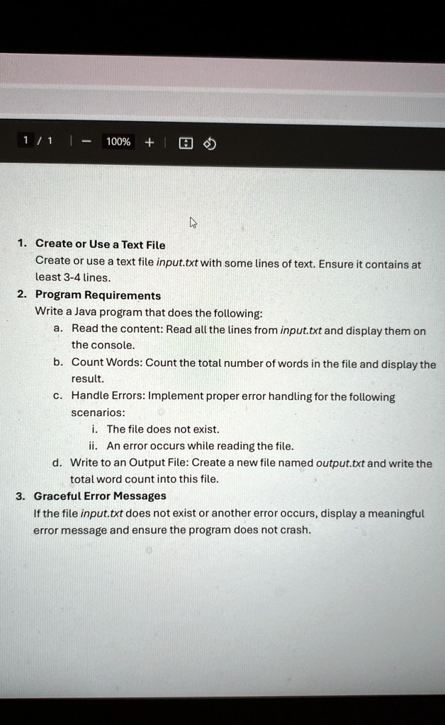 1 create or use a text file create or use a text file inputtxt with some lines of text ensure it contains at least 3 4 lines 2 program requirements write a java program that does the followi 37443