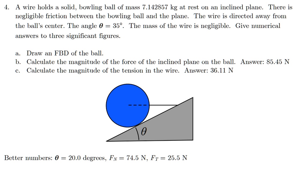 SOLVED A wire holds a solid bowling ball of mass 7.142857 kg at rest
