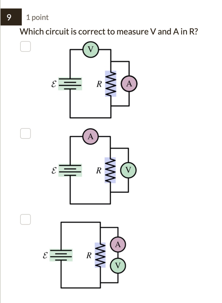 SOLVED: Which circuit is correct to measure V and A in R ? 9 1 point ...