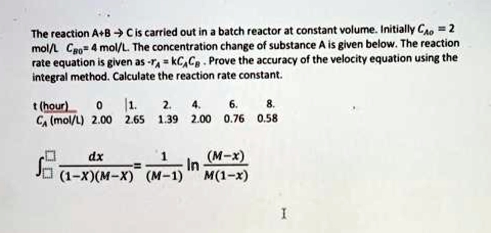 The reaction A+B ? C is carried out in a batch reactor at constant ...