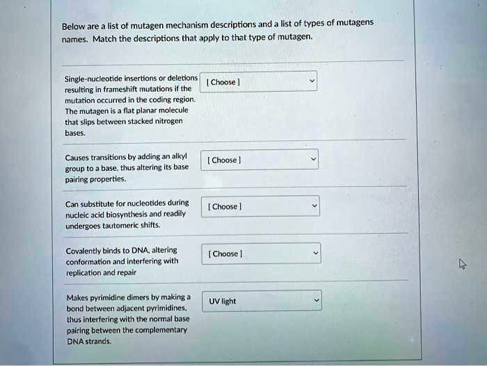 Below is a list of mutagen mechanism descriptions and a list of types