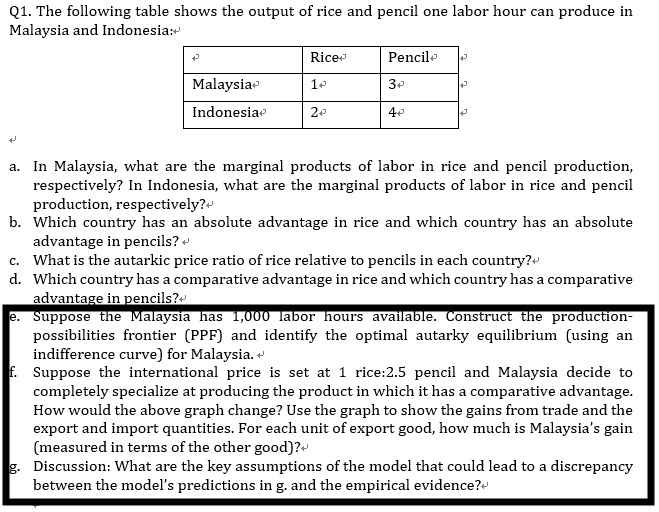 The following table shows the output of rice and pencil that one labor ...