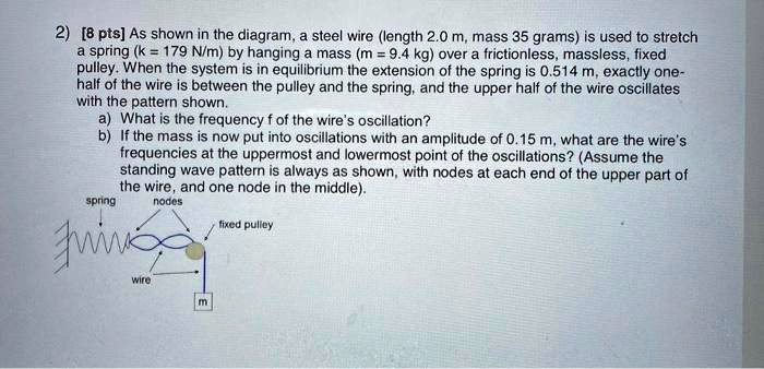2) [8 pts] As shown in the diagram, a steel wire (length 2.0 m, mass 35 grams) is used to stretch a spring (k = 179 N/m) by hanging a mass (m = 9.4 kg) over a frictionless, massless, fixed pulley. When the system is in equilibrium the extension of the spring is 0.514 m, exactly one-half of the wire is between the pulley and the spring, and the upper half of the wire oscillates with the pattern shown.
a) What is the frequency f of the wire's oscillation?
b) If the mass is now put into oscillations with an amplitude of 0.15 m, what are the wire's frequencies at the uppermost and lowermost point of the oscillations? (Assume the standing wave pattern is always as shown, with nodes at each end of the upper part of the wire, and one node in the middle).