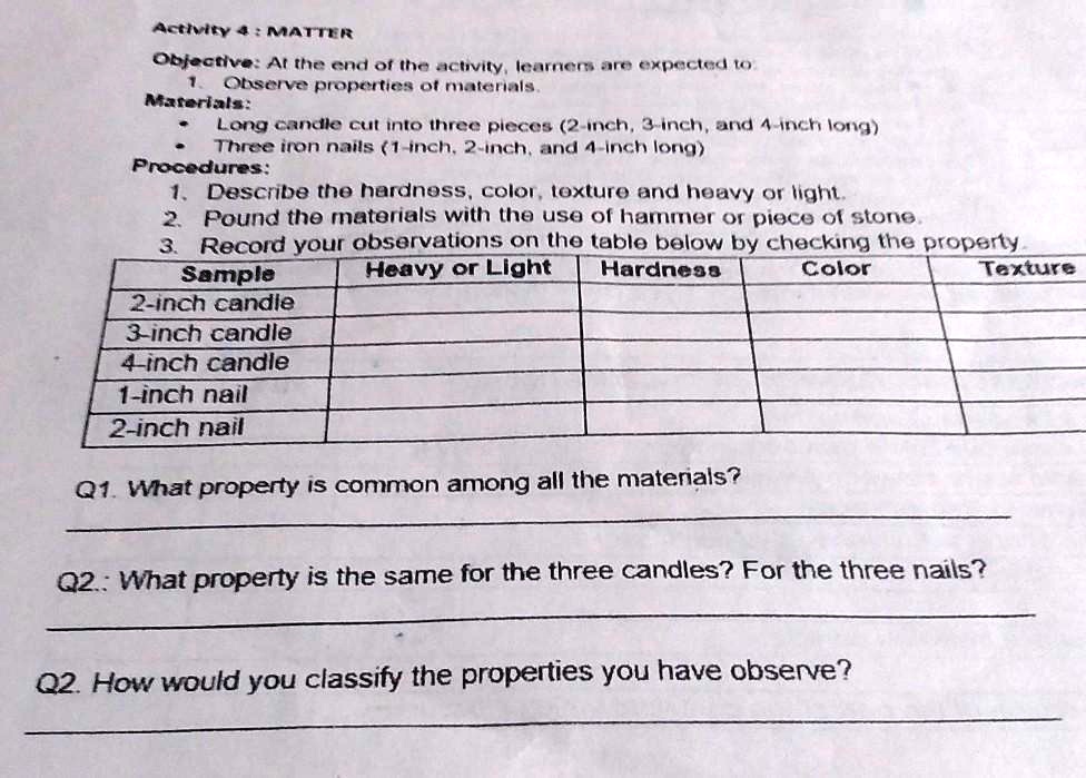 Activity 4: MATTER Objective: At the end of the activity, learners are ...