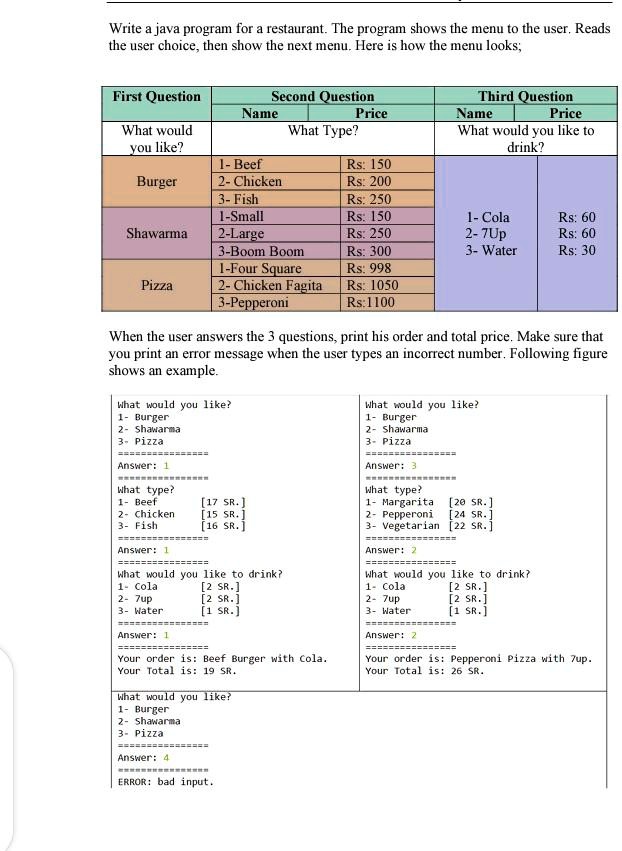 write a java program for a restaurantthe program shows the menu to the ...