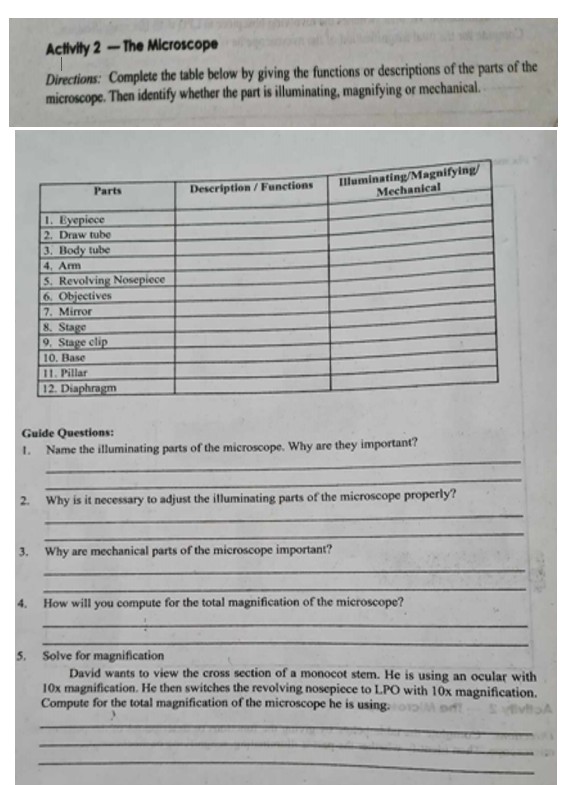 SOLVED Activily 2 The Microscope Directions Complete the table