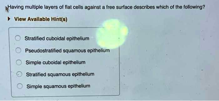 Having multiple layers of flat cells against a free surface describes which of the following?
View Available Hint(s)
Stratified cuboidal epithelium
Pseudostratified squamous epithelium
Simple cuboidal epithelium
Stratified squamous epithelium
Simple squamous epithelium