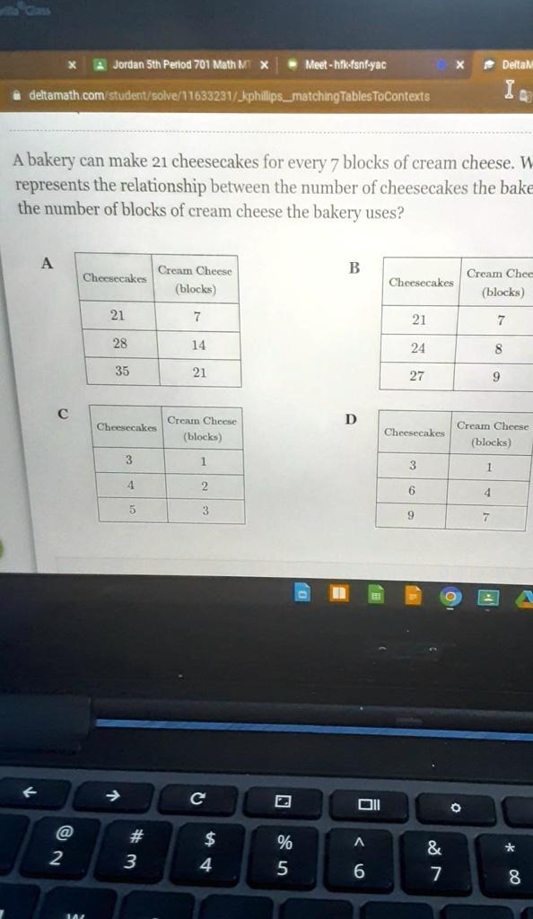 A bakery can make 21 cheesecakes for every 7 blocks of cream...