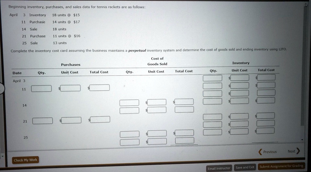 Beginning inventory, purchases, and sales data for tennis rackets are