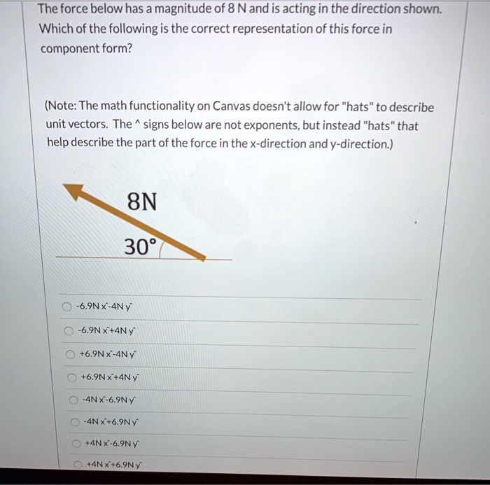 the force below has a magnitude of 8 nand is acting in the direction shown which of the following is the correct representation of this force in component form note the math functionality on 32332