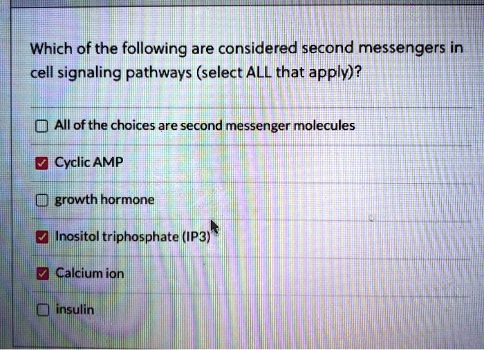 Which of the following are considered second messengers in cell signaling pathways (select ALL that apply)?

All of the choices are second messenger molecules
Cyclic AMP
growth hormone
Inositol triphosphate (IP3)
Calcium ion
insulin