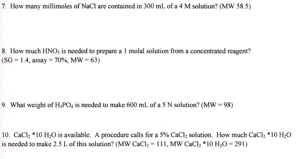 SOLVED: How many millimoles of NaCl are contained in 300 mL of a 4 M ...