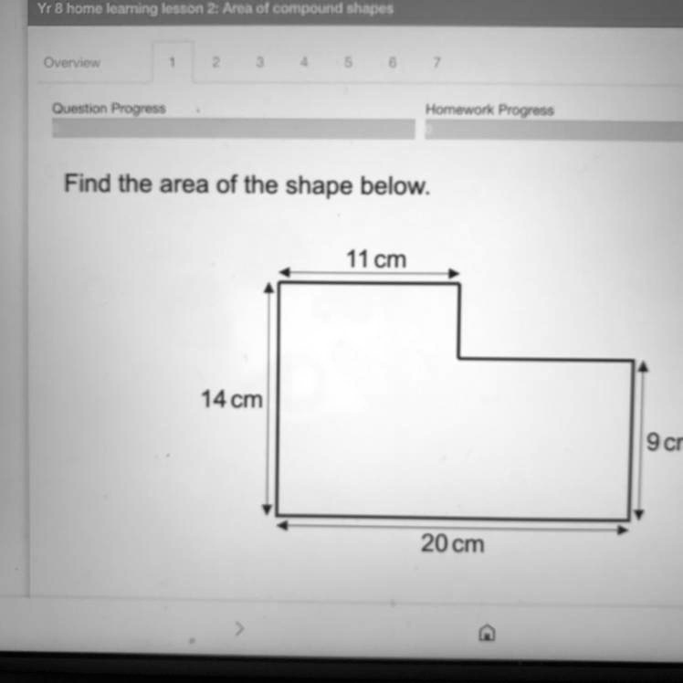 Find the area of the shape below.
11 cm
14 cm
9 cm
20 cm