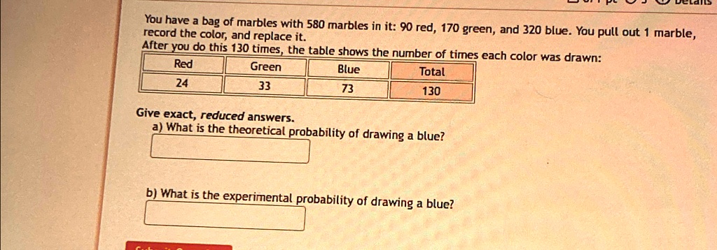 you have a bag of marbles with 580 marbles in it 90 red 170 green and 320 blue you pull out 1 marble record the color and replace it after you do this 130 times the table shows the number of 64926