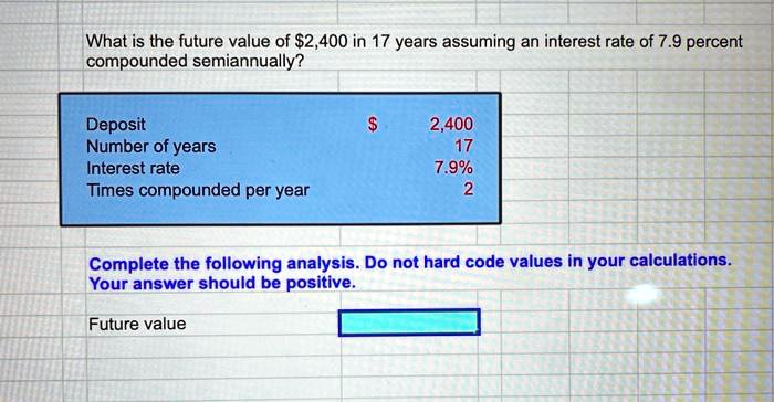 What is the future value of 2,400 in 17 years assuming an...