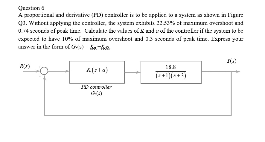 SOLVED: Question 6 A proportional and derivative (PD) controller is to ...