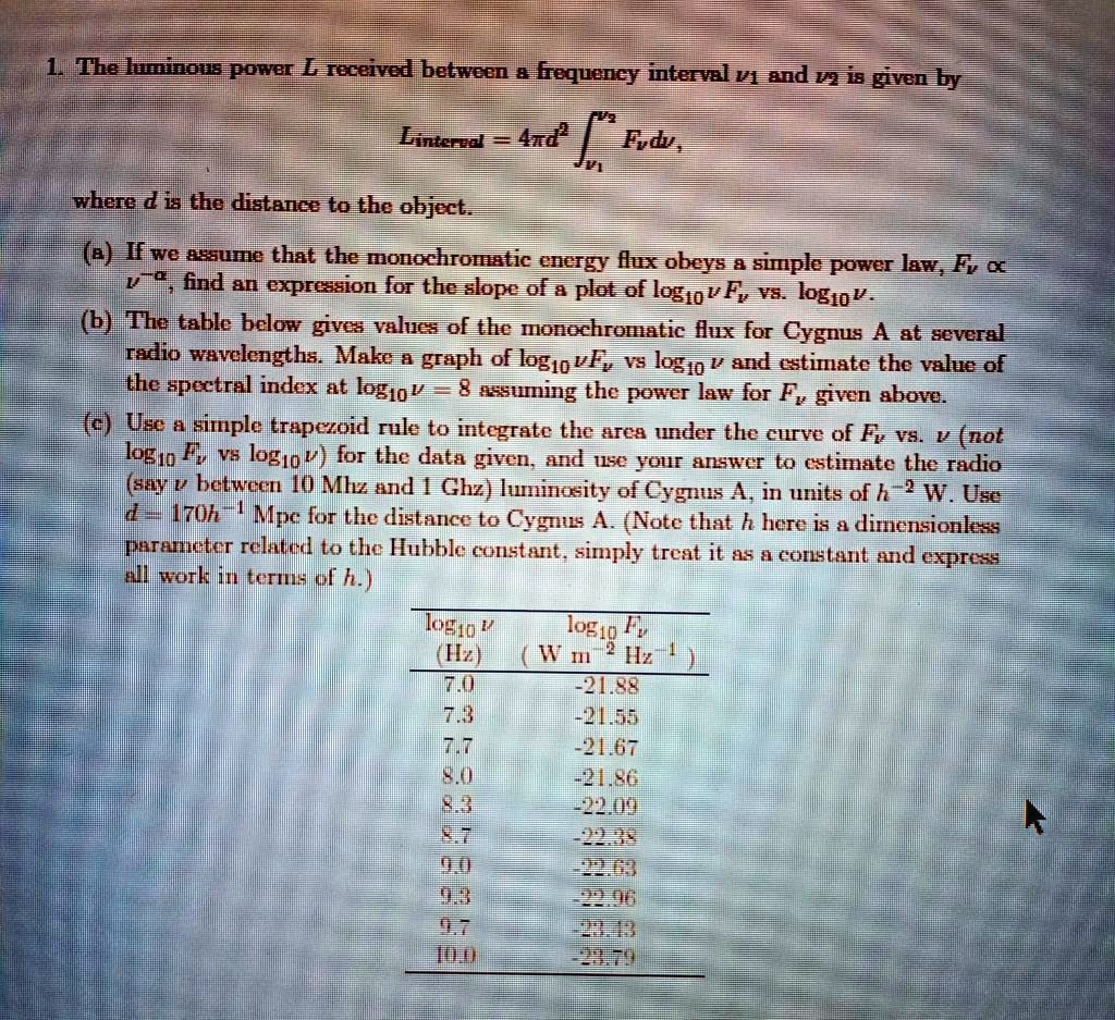 1the luminous power l ieceived between a freguency interval vi and v is given by lintereat4xd fydv where d is the distance to the object a if we asume that the monochromatic energy flux obey 58624