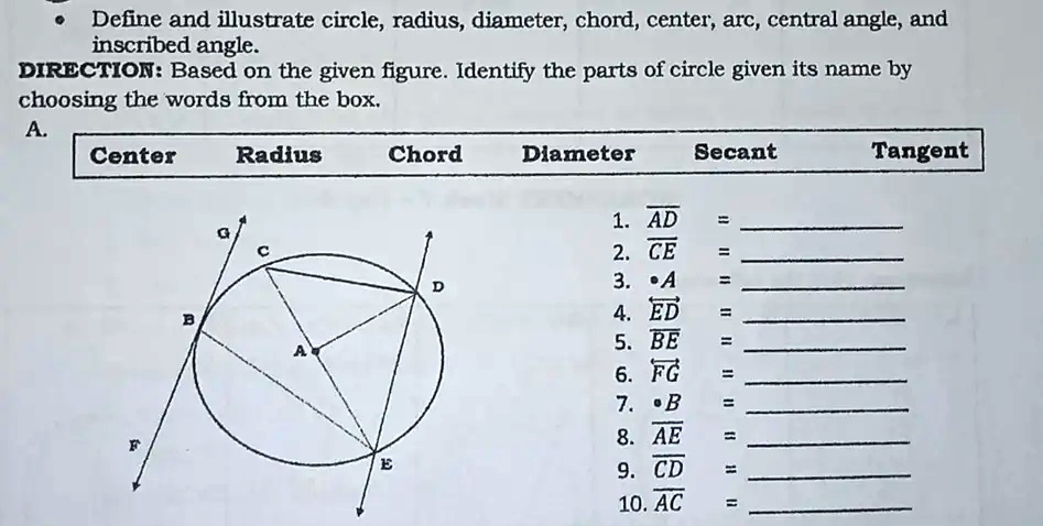 Solved Define And Illustrate Circle Radius Diameter Chord Center Arc Central Angle And 