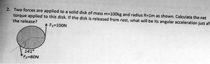 two forces are applied to a solid disk of mass torque applied to this ...