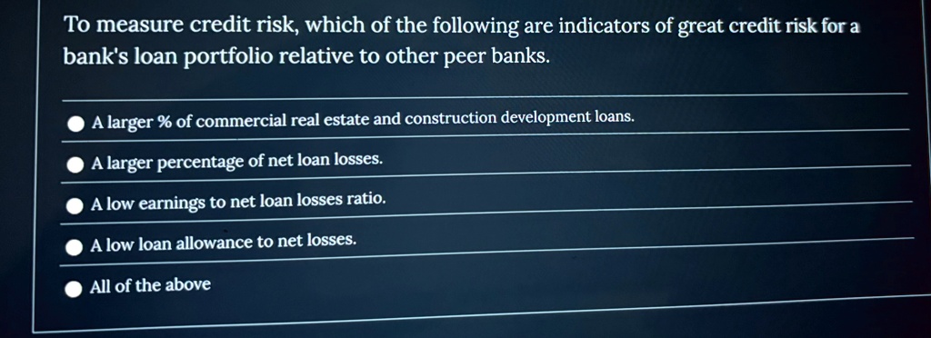 To measure credit risk, which of the following are indicators of great credit risk for a bank's loan portfolio relative to other peer banks.
A larger % of commercial real estate and construction development loans.
A larger percentage of net loan losses.
A low earnings to net loan losses ratio.
A low loan allowance to net losses.
All of the above
