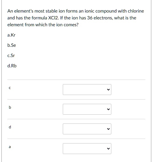 An element's most stable ion forms an ionic compound with chlorine and