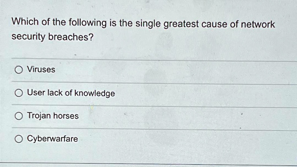 Which of the following is the single greatest cause of network
security breaches?
O Viruses
O User lack of knowledge
O Trojan horses
O Cyberwarfare