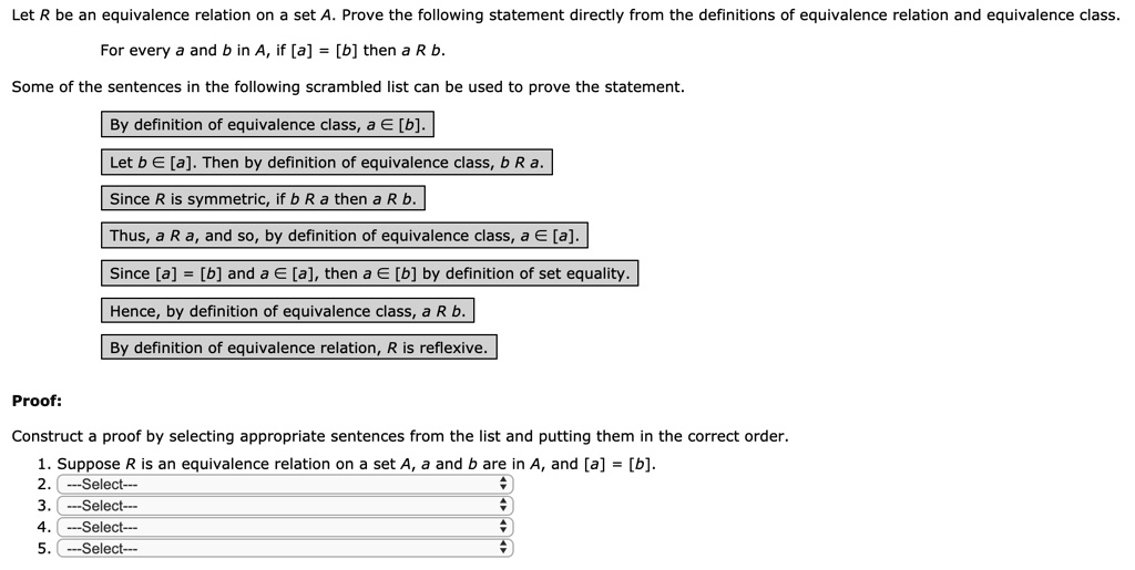 SOLVED Let R be an equivalence relation on set A. Prove the following statement directly from