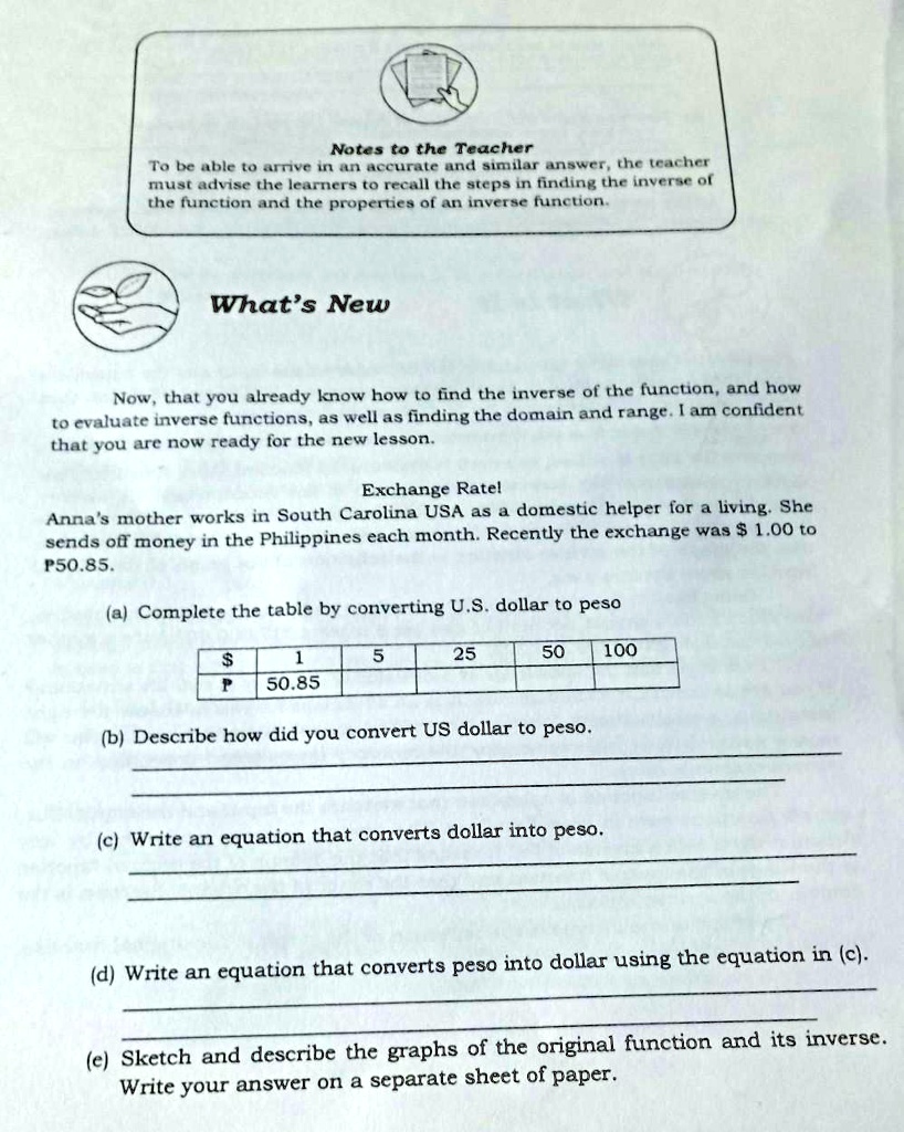 SOLVED: Text: Exchange Rate Anna's mother works in South Carolina, USA, as  a domestic helper for a living. She sends money to the Philippines each  month. Recently, the exchange rate was 1.00