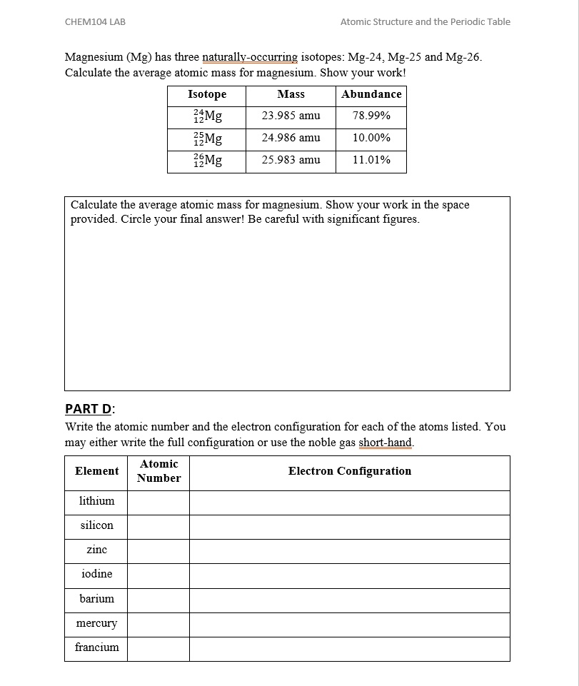 SOLVED CHEM104 LAB Atomic Structure and the Periodic Table Magnesium