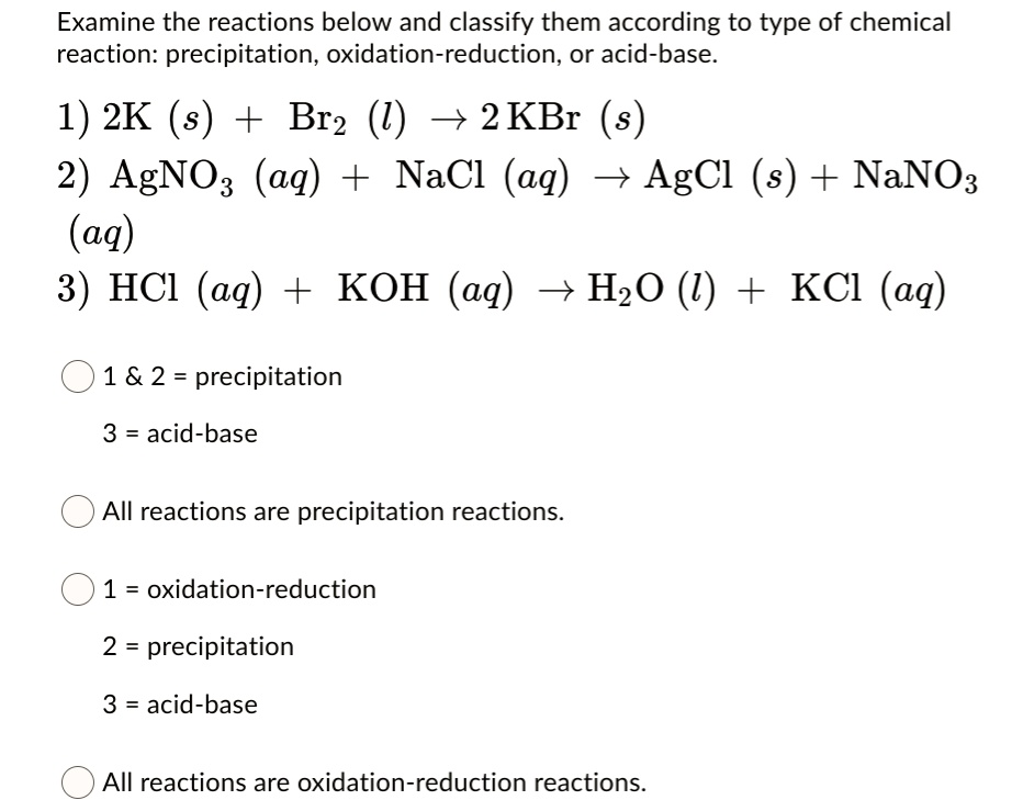 SOLVED: Examine the reactions below and classify them according to type ...