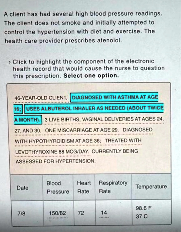 a client has had several high blood pressure readings the client does not smoke and initially attempted to control the hypertension with diet and exercise the health care provider prescribes 35002
