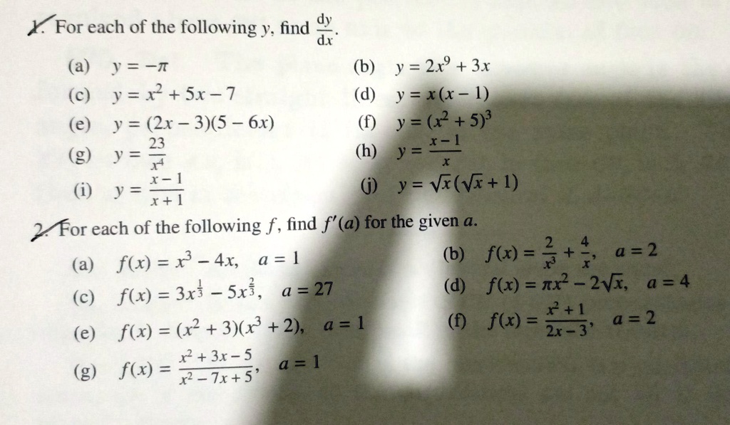 Solved For Each Of The Following Y Find D A J B Y 219 3x C J S1 7 D Y X 1 E Y 2x 3 5 6x F Y